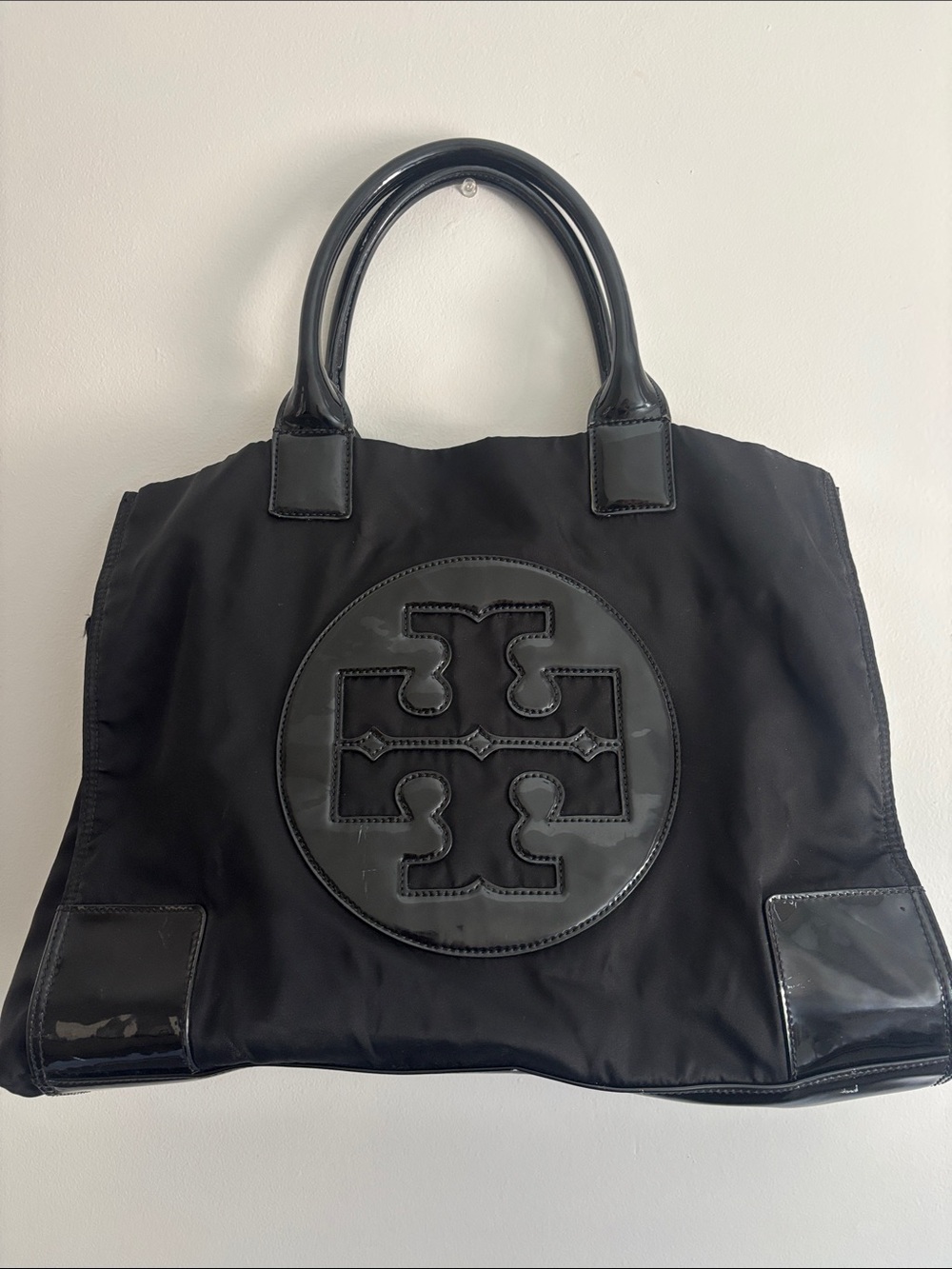 Tory Burch Black Nylon Tote with Patent Logo